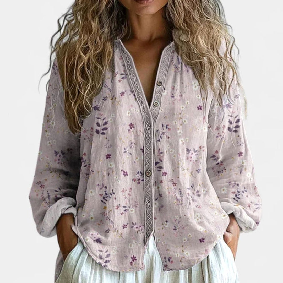 Women's Boho Floral Button-Front Comfortable Blouse - Pink