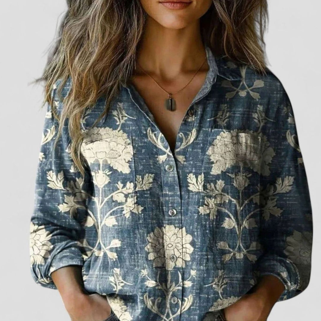 Women's Boho Floral Colorblock Long-Sleeve Button-Down Blouse Shirt