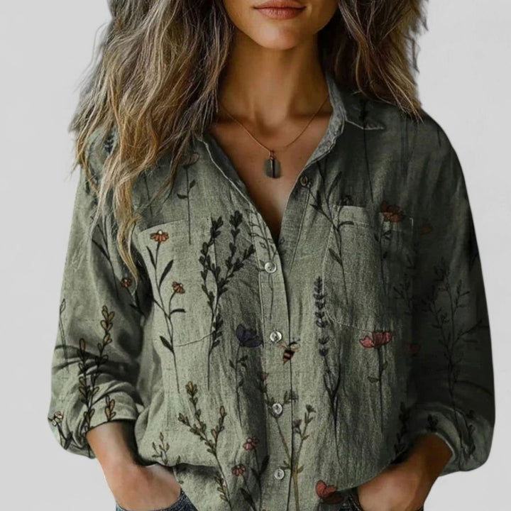 Women's Boho Floral Colorblock Long-Sleeve Button-Down Blouse Shirt
