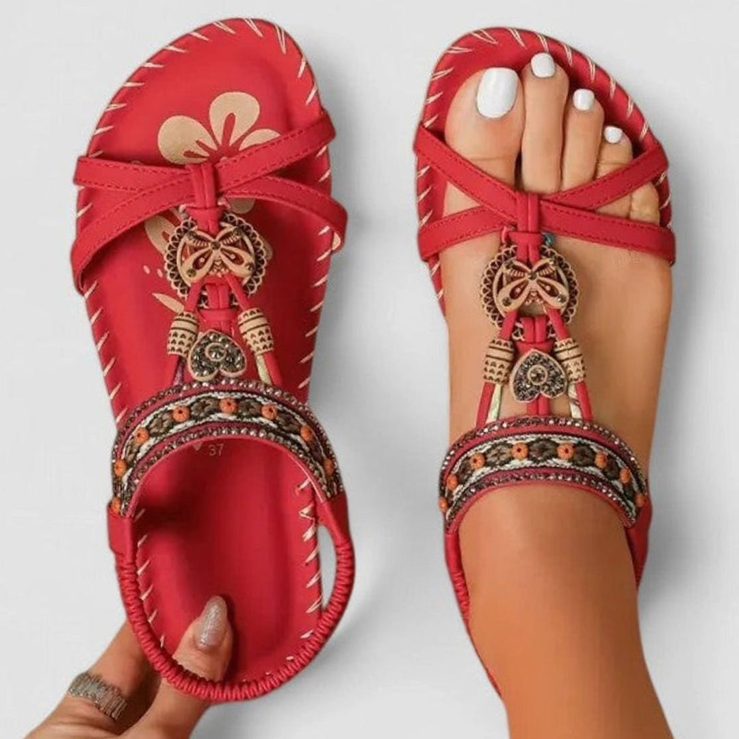 Women's Boho Orthopedic Sandals Rhinestone Tassel Elastic Flat - Toledo Red