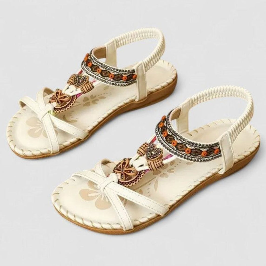Women's Boho Orthopedic Sandals Rhinestone Tassel Elastic Flat - White Athena