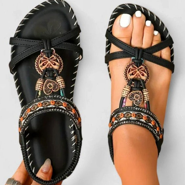 Women's Boho Orthopedic Sandals Rhinestone Tassel Elastic Flat - Graphite Black