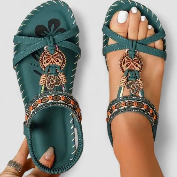 Women's Boho Orthopedic Sandals Rhinestone Tassel Elastic Flat - Amazon Green