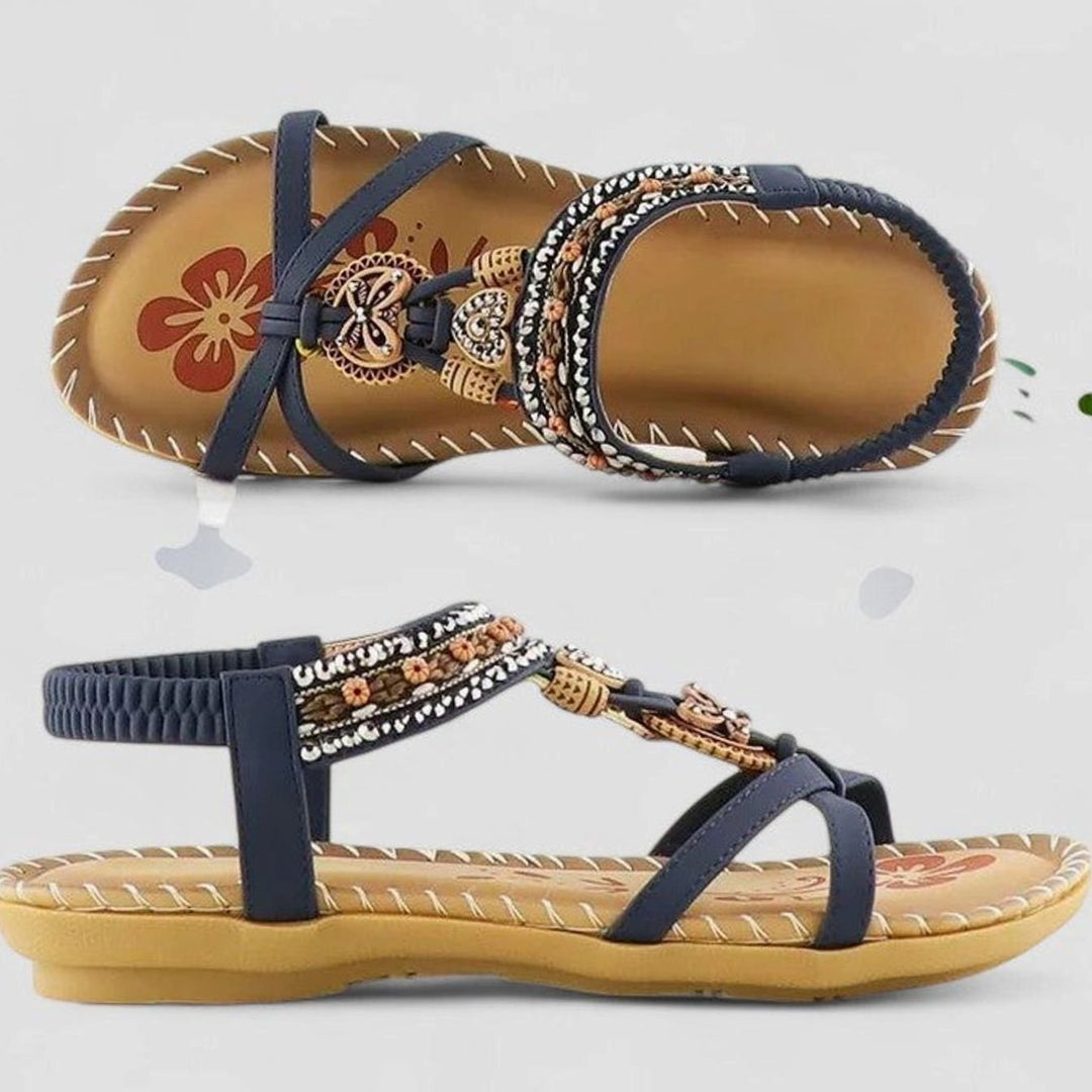 Women's Boho Orthopedic Sandals Rhinestone Tassel Elastic Flat - Cobalt Blue