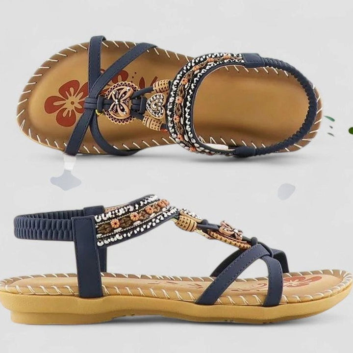 Women's Boho Orthopedic Sandals Rhinestone Tassel Elastic Flat - Cobalt Blue