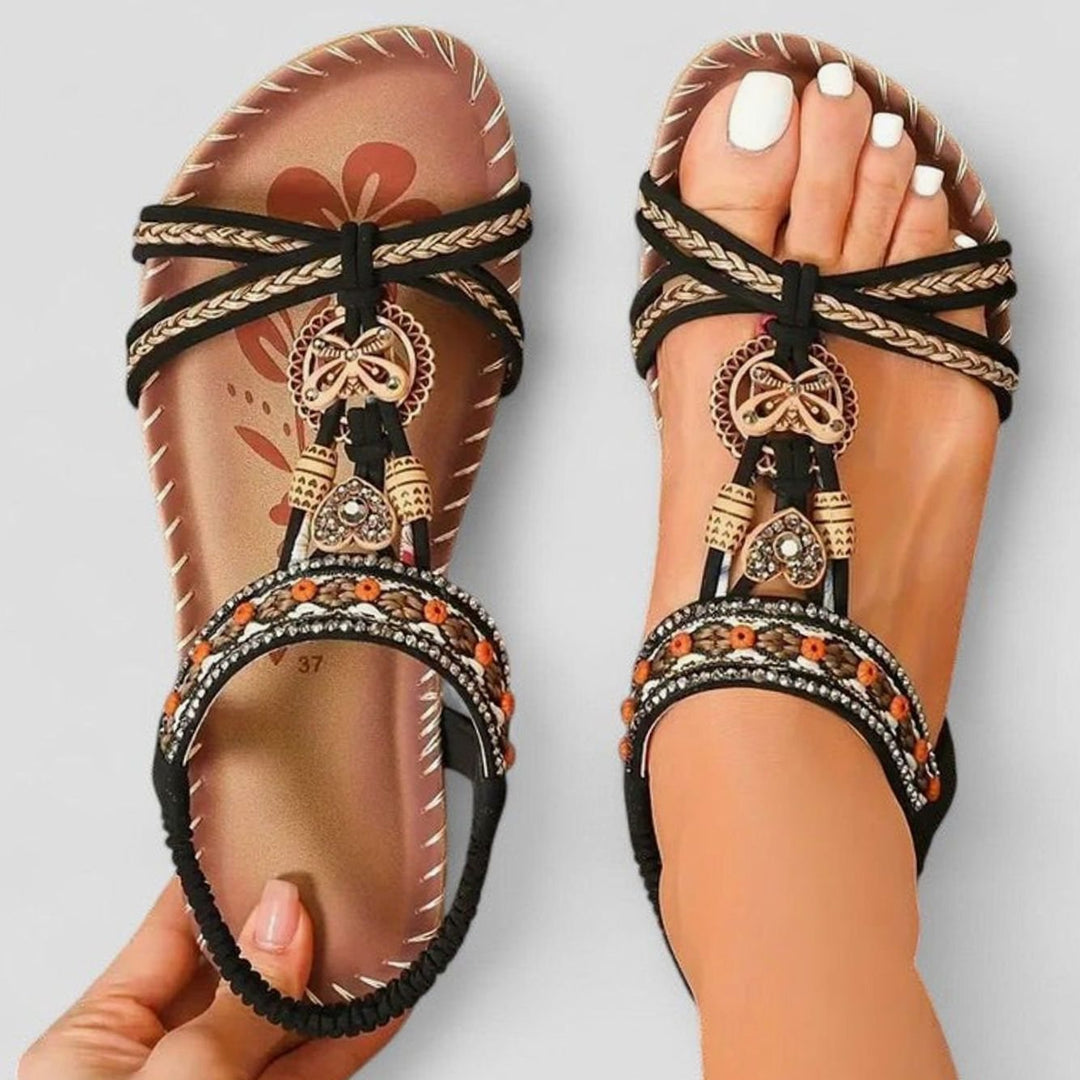 Women's Boho Orthopedic Sandals Rhinestone Tassel Elastic Flat - Light Black
