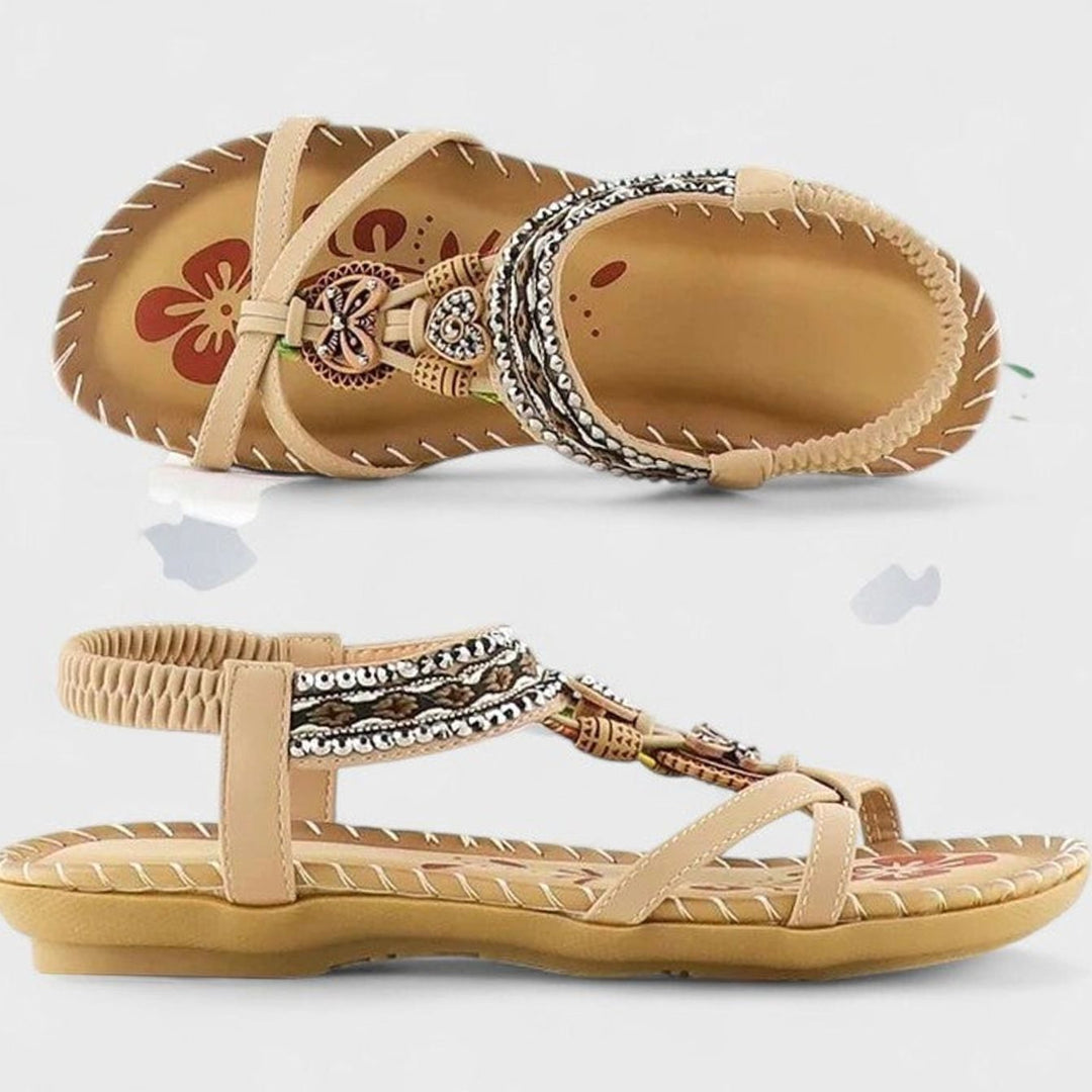 Women's Boho Orthopedic Sandals Rhinestone Tassel Elastic Flat - Mahogany Brown