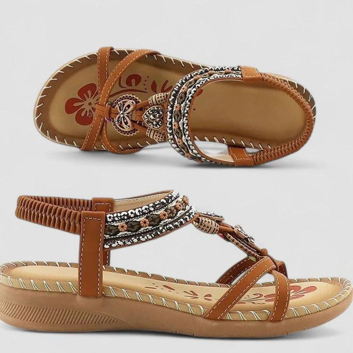 Women's Boho Orthopedic Sandals Rhinestone Tassel Elastic Flat - Beige Bali