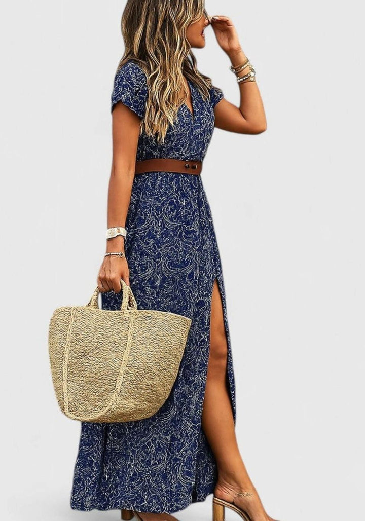 Women's Boho Print Gathered-Waist Short-Sleeve Maxi Dress - Blue