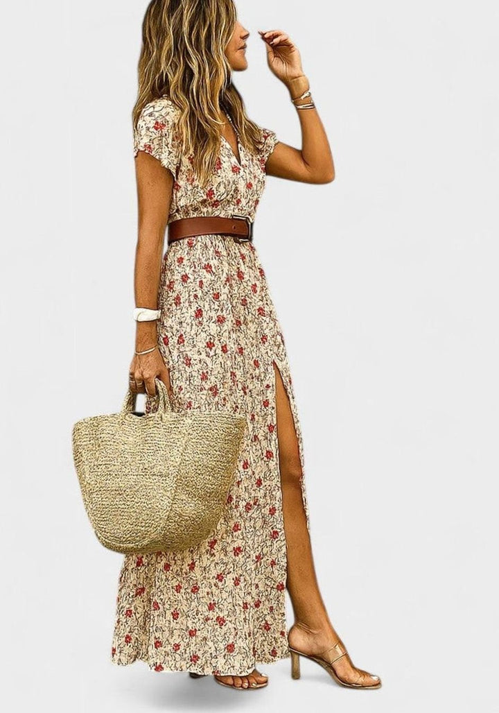 Women's Boho Print Gathered-Waist Short-Sleeve Maxi Dress - Red