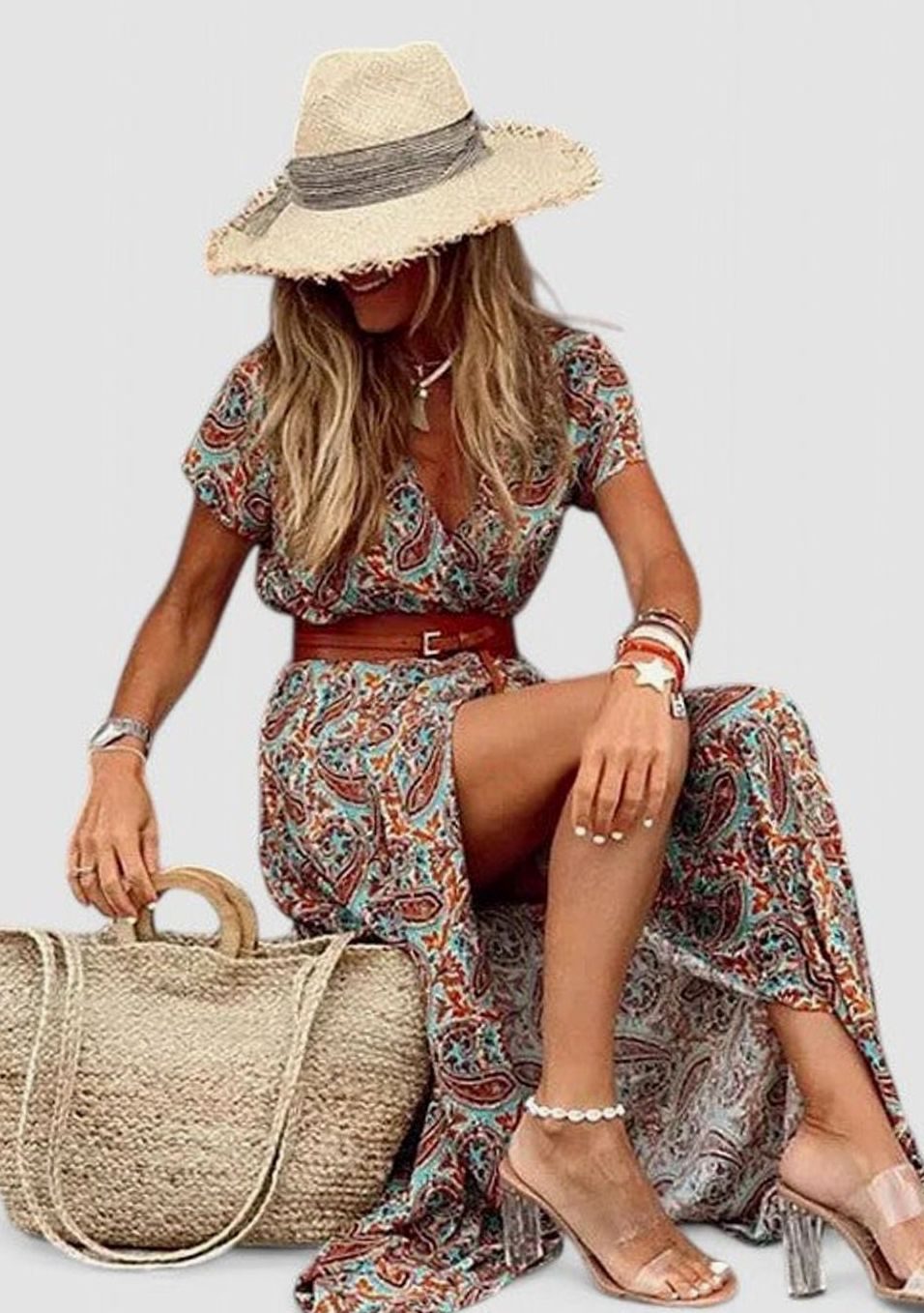 Women's Boho Print Gathered-Waist Short-Sleeve Maxi Dress
