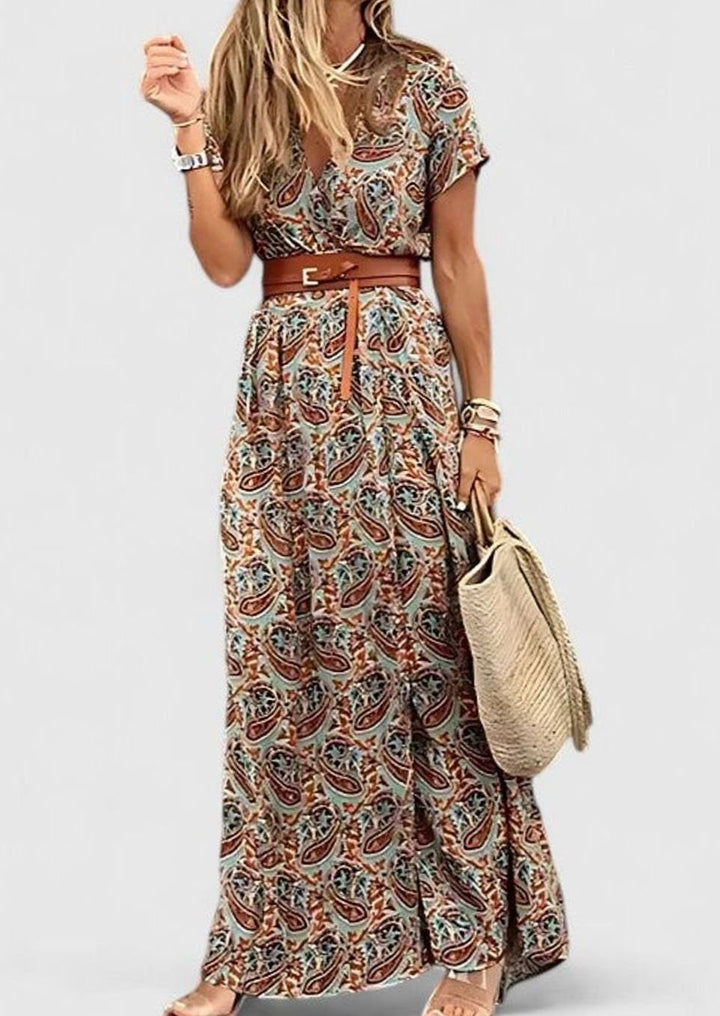 Women's Boho Print Gathered-Waist Short-Sleeve Maxi Dress - Brown