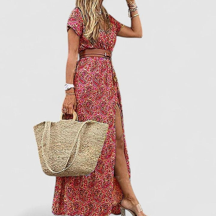 Women's Boho Print Gathered-Waist Short-Sleeve Maxi Dress - Dark Red
