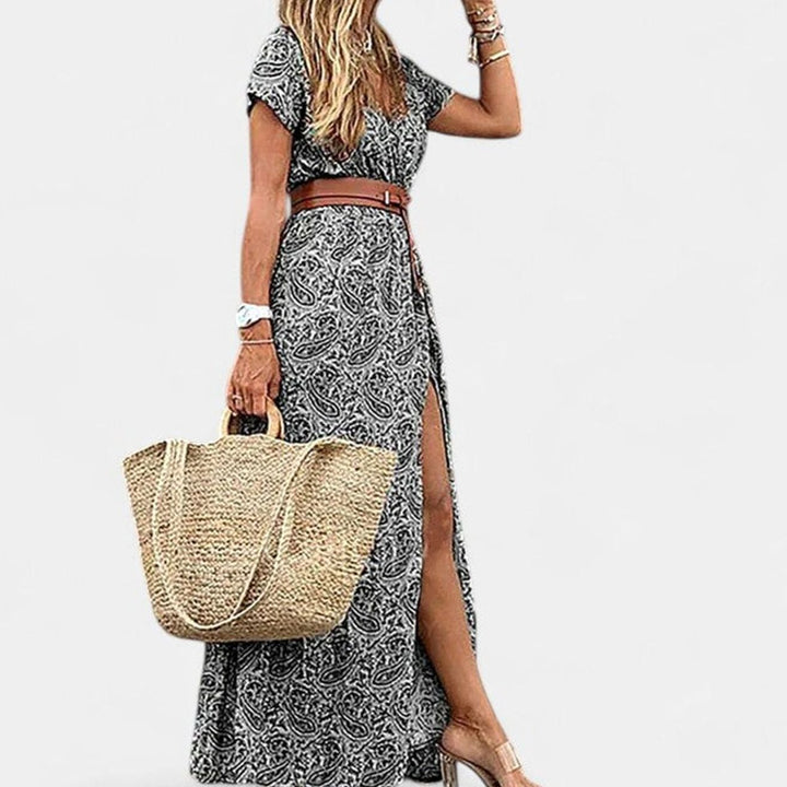 Women's Boho Print Gathered-Waist Short-Sleeve Maxi Dress - Gray