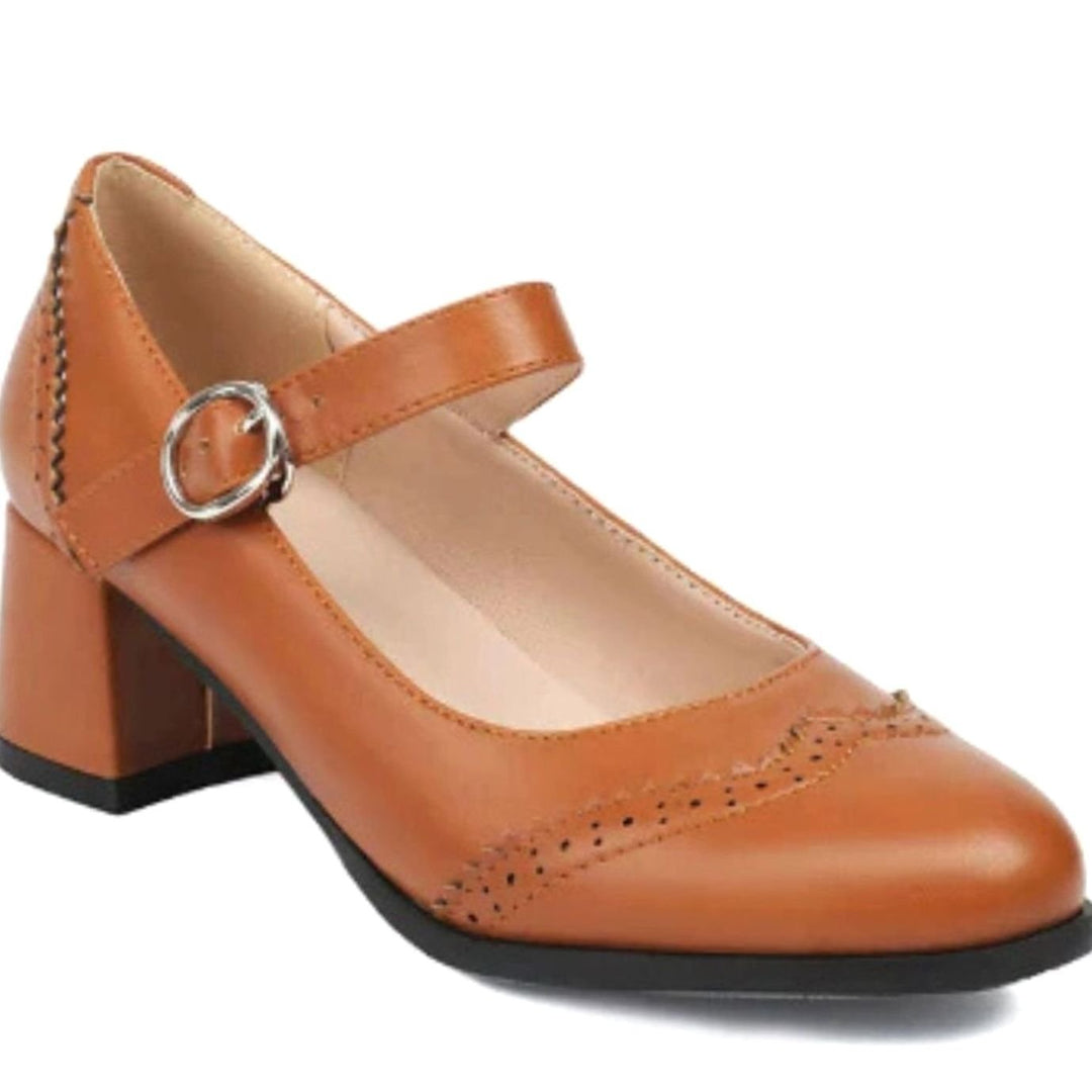 Women's Brogue Mary Jane Block-Heel Buckle Pumps - Brown