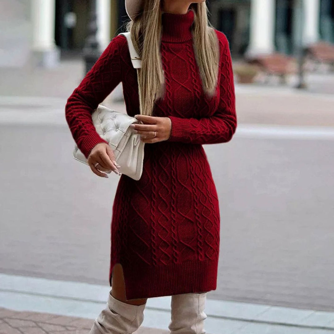 Women's Cable-Knit Long-Sleeve Turtleneck Dress - Burgundy