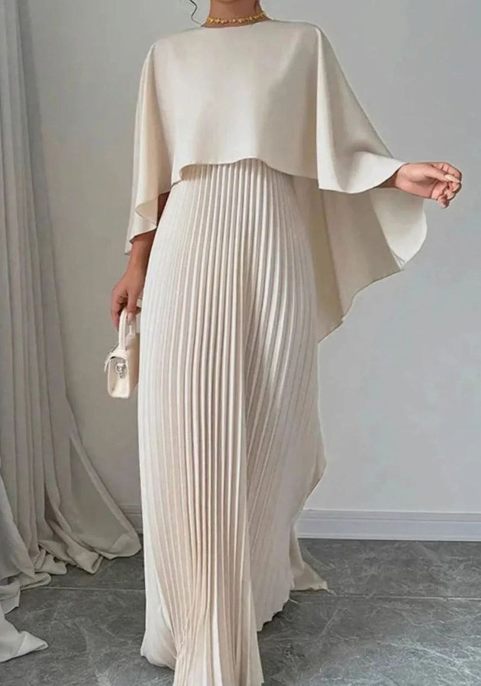 Women's Cape Overlay Pleated Formal Maxi Dress - Beige