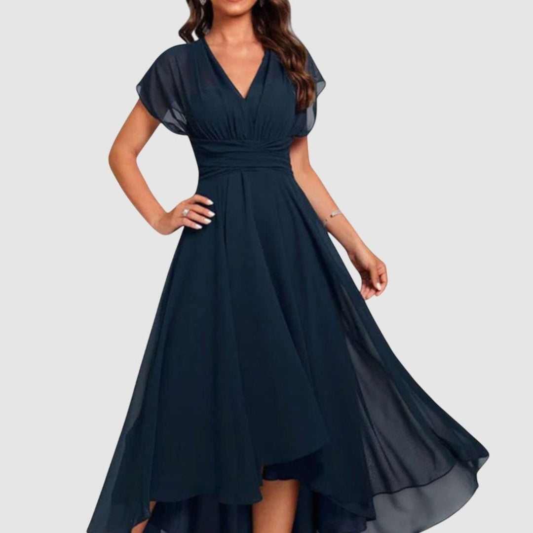 Women's Chiffon V-Neck Ruched-Waist A-Line Dress - Blue