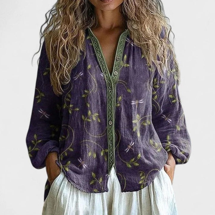 Women's Comfortable Blouse Boho Dragonfly-Print Button-Front Top - Purple