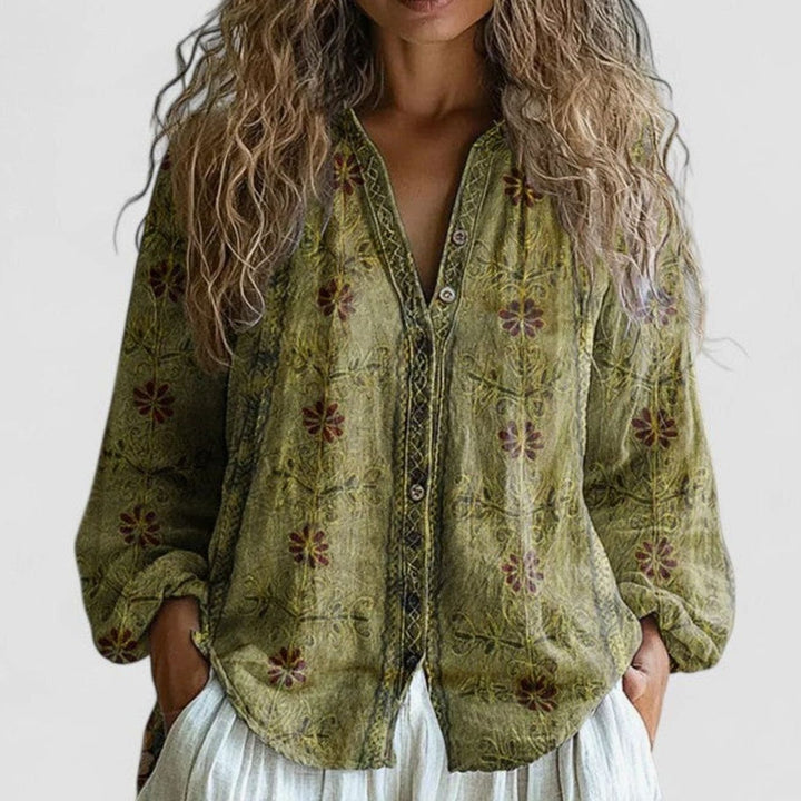 Women's Comfortable Blouse Boho Dragonfly-Print Button-Front Top - Green