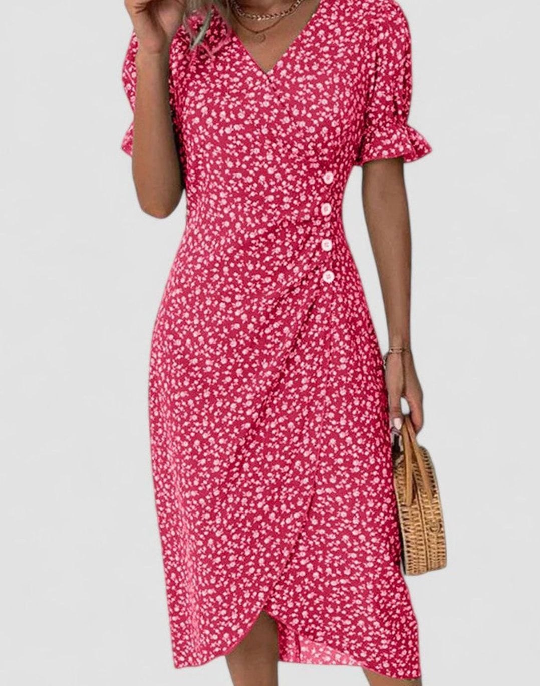 Women's Comfortable Floral Button-Front Midi Dress - Red