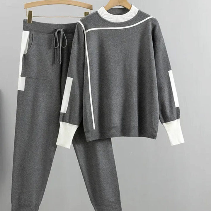 Women's Contrast-Trim Knit Sweater Pants Set Two-Piece Lounge - Gray