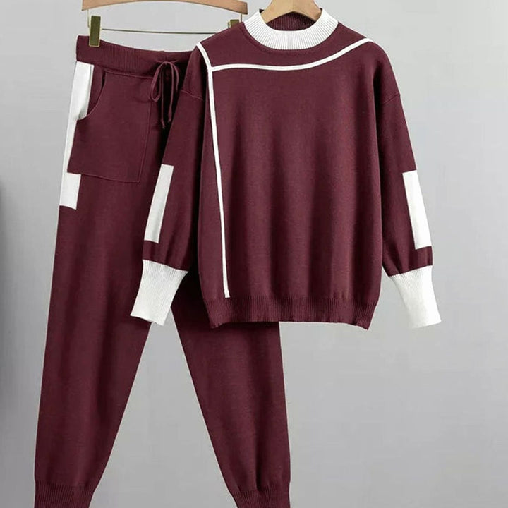 Women's Contrast-Trim Knit Sweater Pants Set Two-Piece Lounge - Red