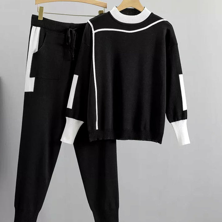 Women's Contrast-Trim Knit Sweater Pants Set Two-Piece Lounge - Black