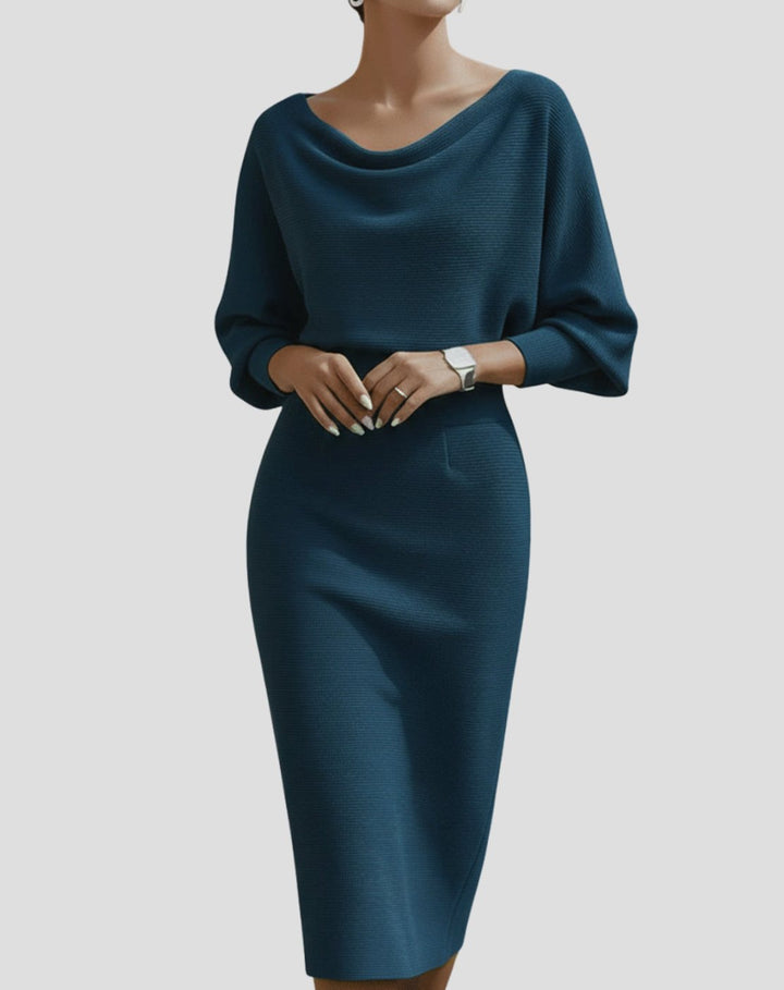 Women's Cowl Neck Batwing Sleeve Knit Pencil Midi Dress