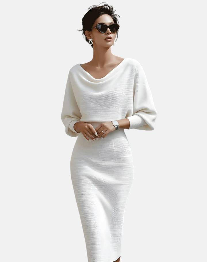 Women's Cowl Neck Batwing Sleeve Knit Pencil Midi Dress