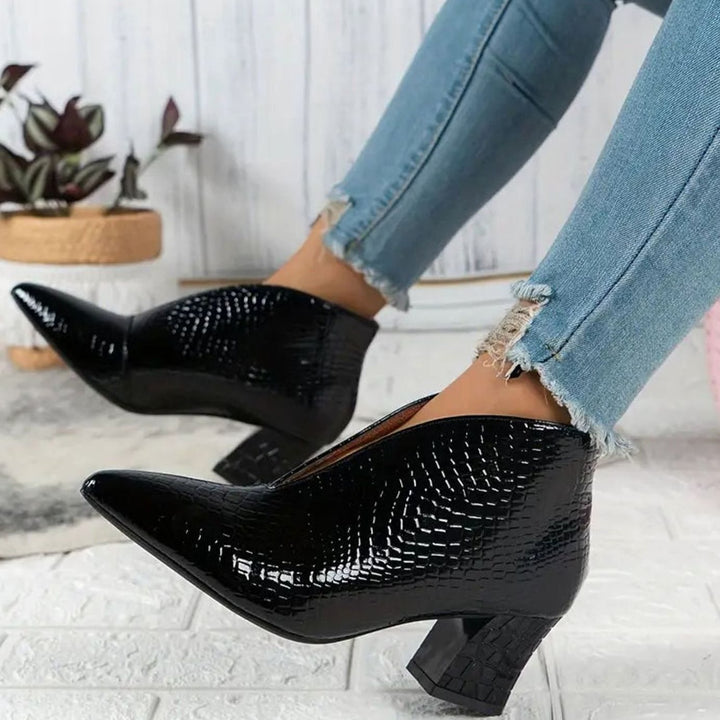 Women's Croc-Embossed V-Cut Pointed-Toe Block-Heel Ankle Boots