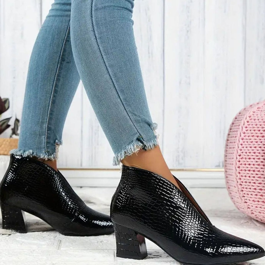Women's Croc-Embossed V-Cut Pointed-Toe Block-Heel Ankle Boots - Black