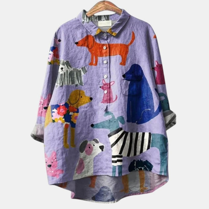 Women's Cute Dog Print Button-Up Everyday Blouse - Purple