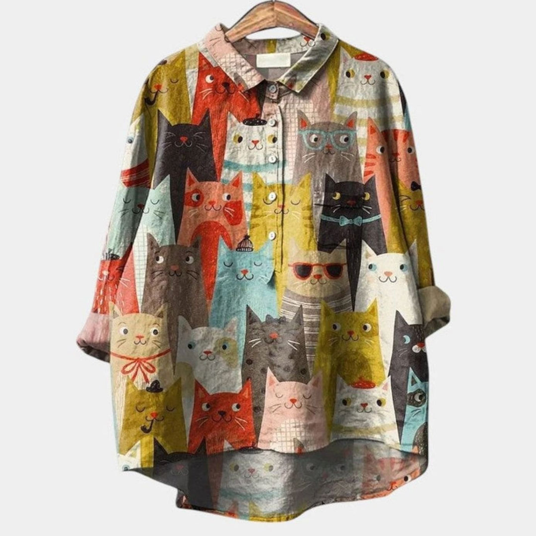 Women's Cute Dog Print Button-Up Everyday Blouse - Brown