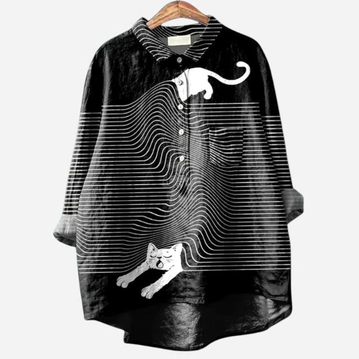 Women's Cute Dog Print Button-Up Everyday Blouse - Black