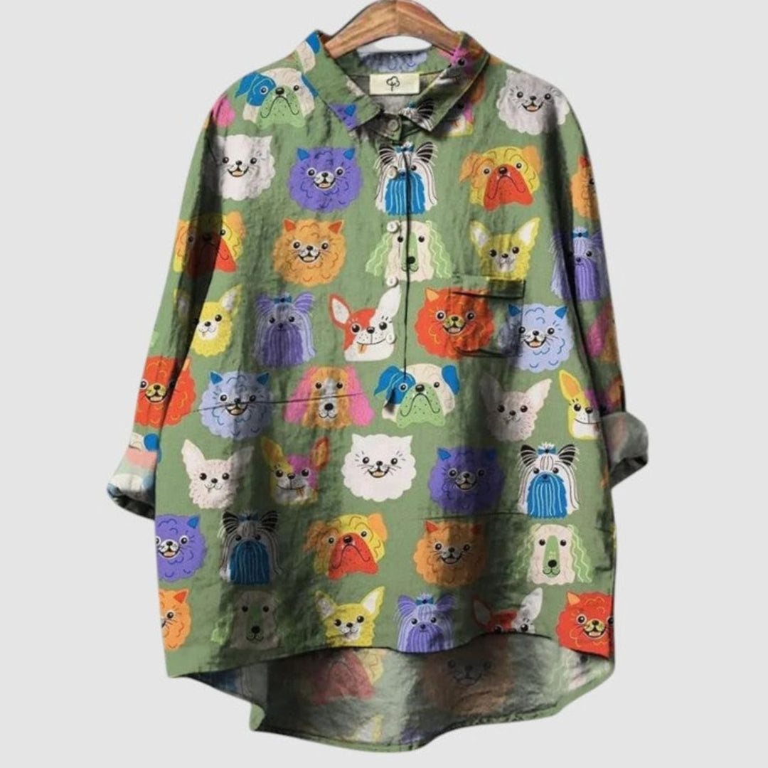 Women's Cute Dog Print Button-Up Everyday Blouse - Green