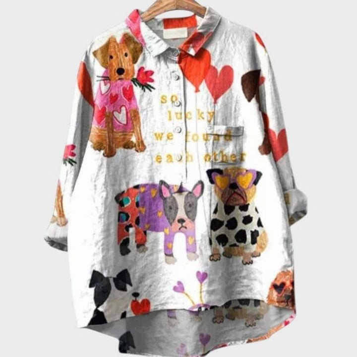 Women's Cute Dog Print Button-Up Everyday Blouse - Dog 1