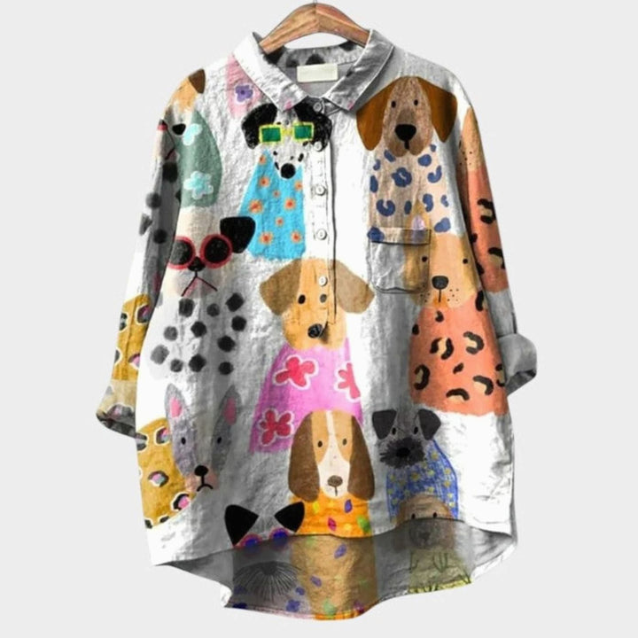 Women's Cute Dog Print Button-Up Everyday Blouse - Dog 2