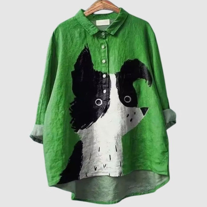 Women's Cute Dog Print Button-Up Everyday Blouse - Dog 4