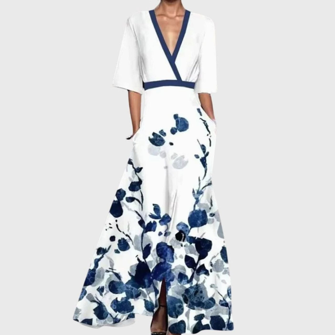 Women's Deep V-Neck Floral Dress Flared Maxi Skirt Half Sleeve - White