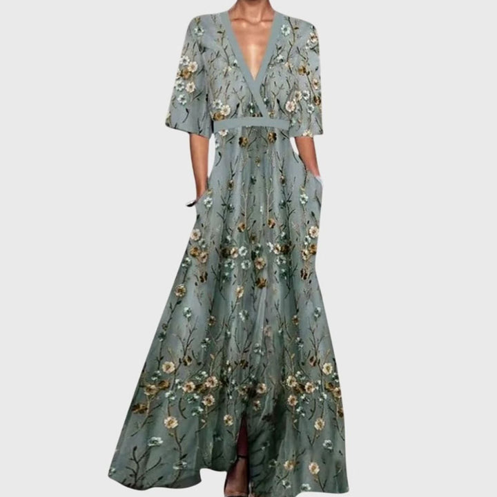Women's Deep V-Neck Floral Dress Flared Maxi Skirt Half Sleeve - Green