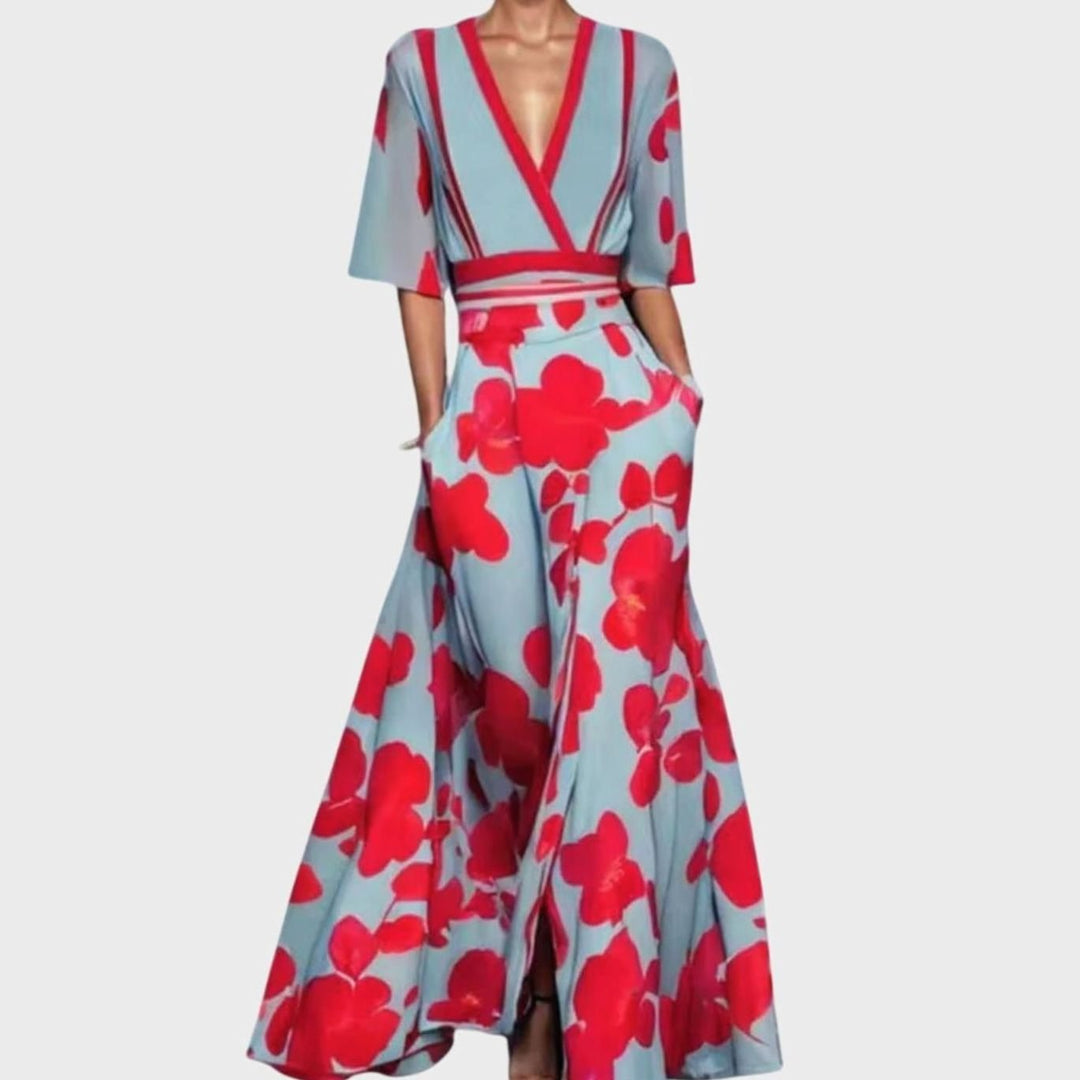 Women's Deep V-Neck Floral Dress Flared Maxi Skirt Half Sleeve - Red