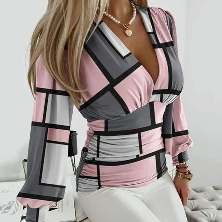 Women's Deep V-Neck Ruched Waist Blouse Long Sleeve - Geometric Pink and Gray