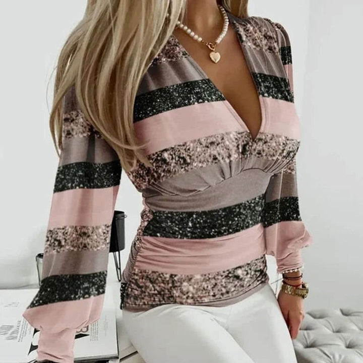 Women's Deep V-Neck Ruched Waist Blouse Long Sleeve - Pink and Black Stripes