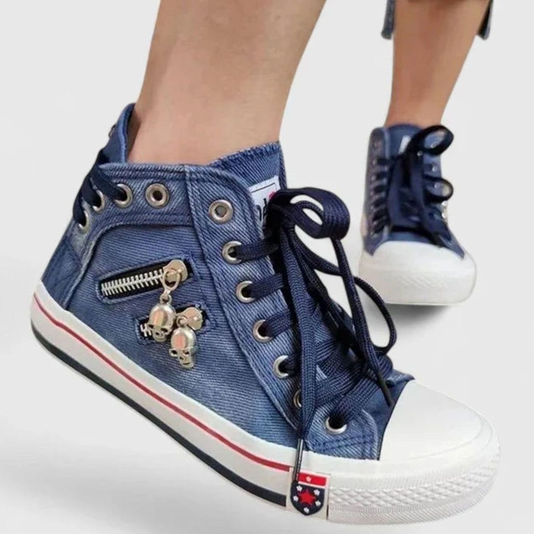 Women's Denim High-Top Lace-Up Skull Charm Sneakers