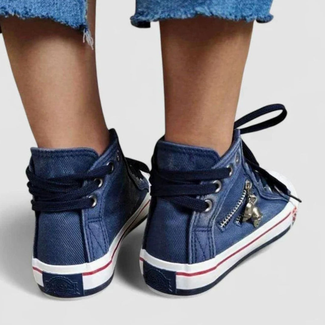 Women's Denim High-Top Lace-Up Skull Charm Sneakers