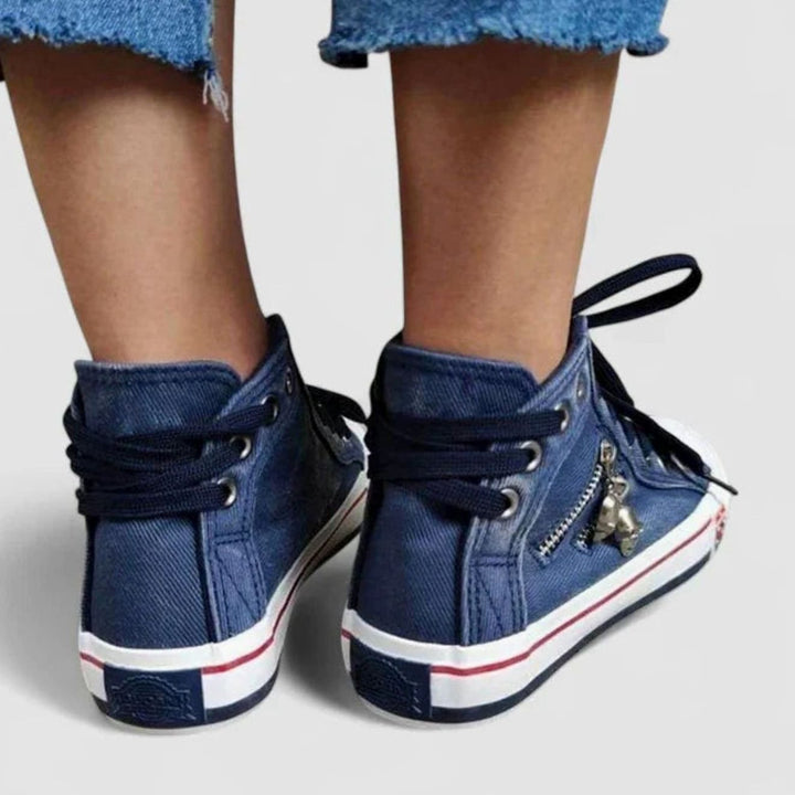 Women's Denim High-Top Lace-Up Skull Charm Sneakers