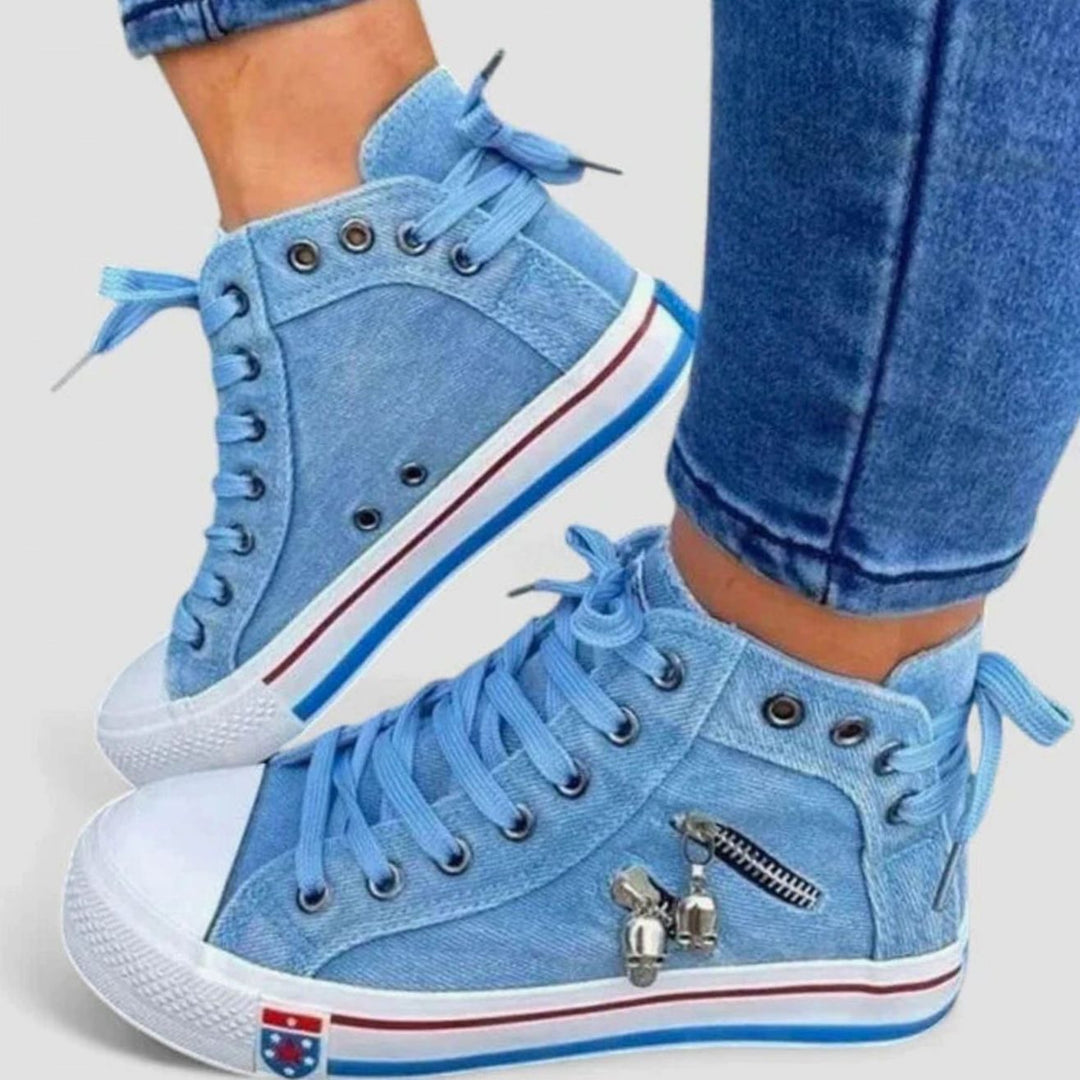 Women's Denim High-Top Lace-Up Skull Charm Sneakers - Denim Blue