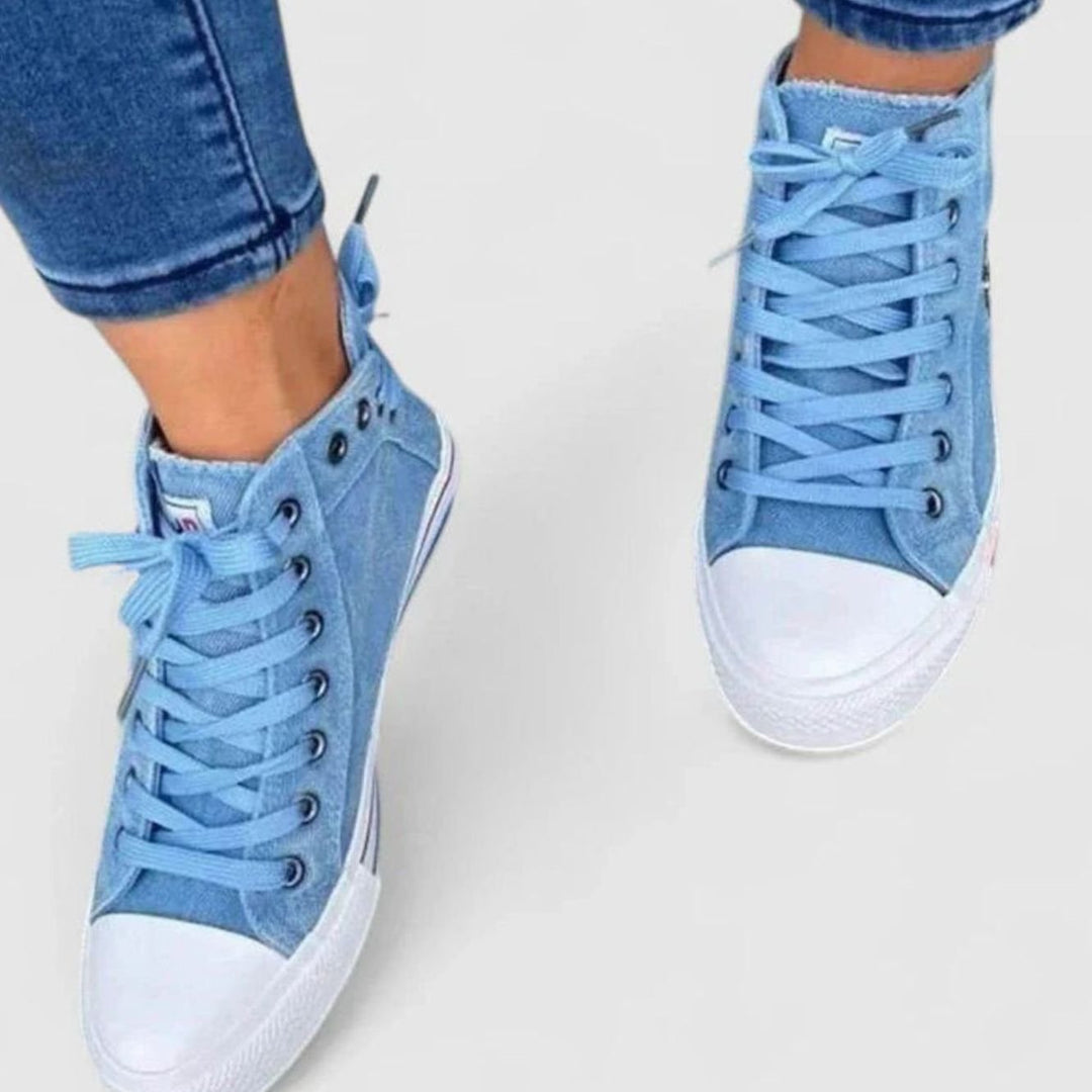 Women's Denim High-Top Lace-Up Skull Charm Sneakers