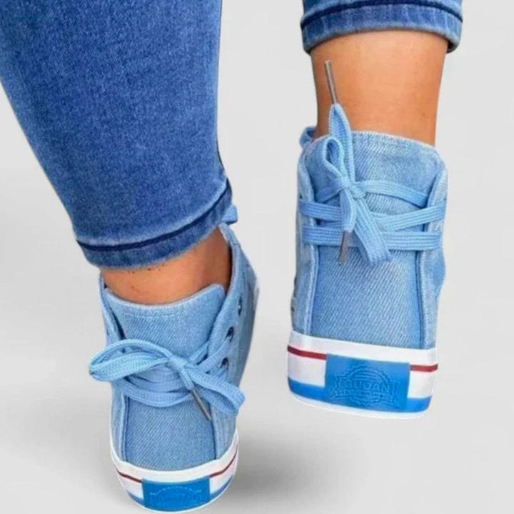 Women's Denim High-Top Lace-Up Skull Charm Sneakers